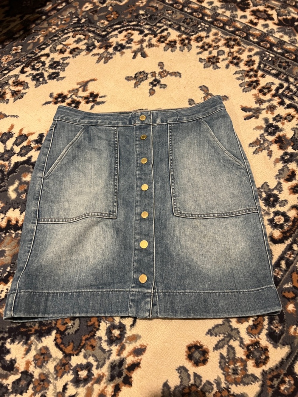 White House Black Market Washed Blue Denim Button-Front Mini Skirt